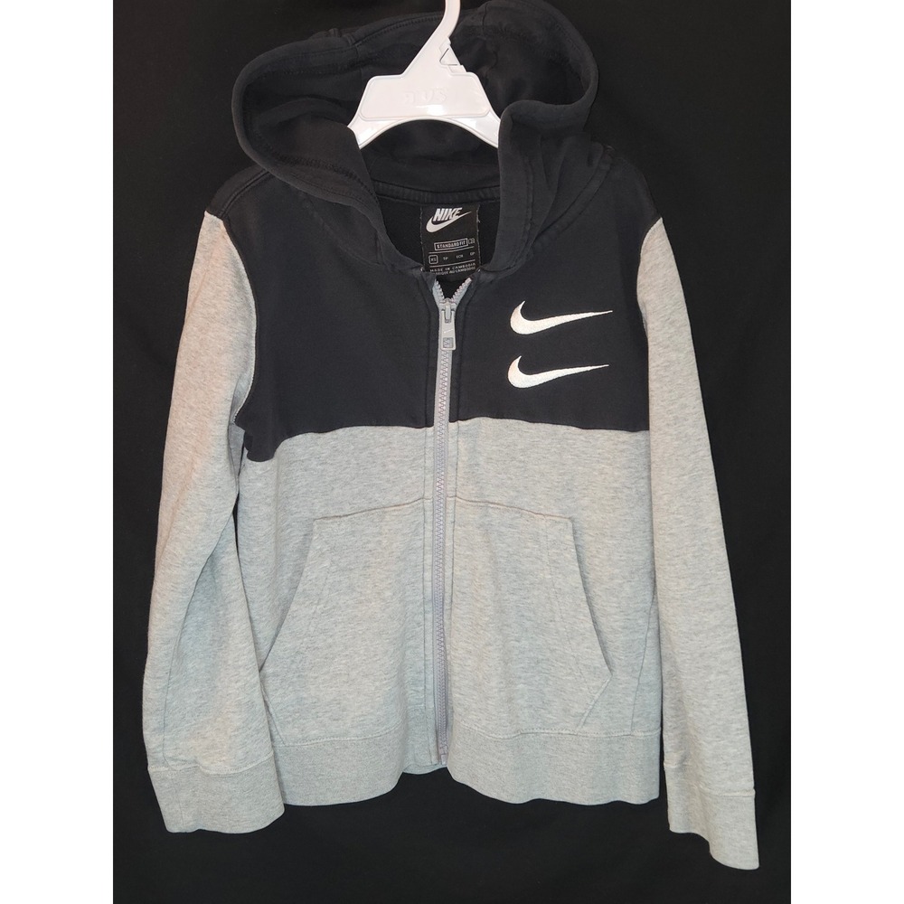 Nike Kids Gray Black Full Zip Hoodie XS Double Swoosh Sweatshirt Activewear
